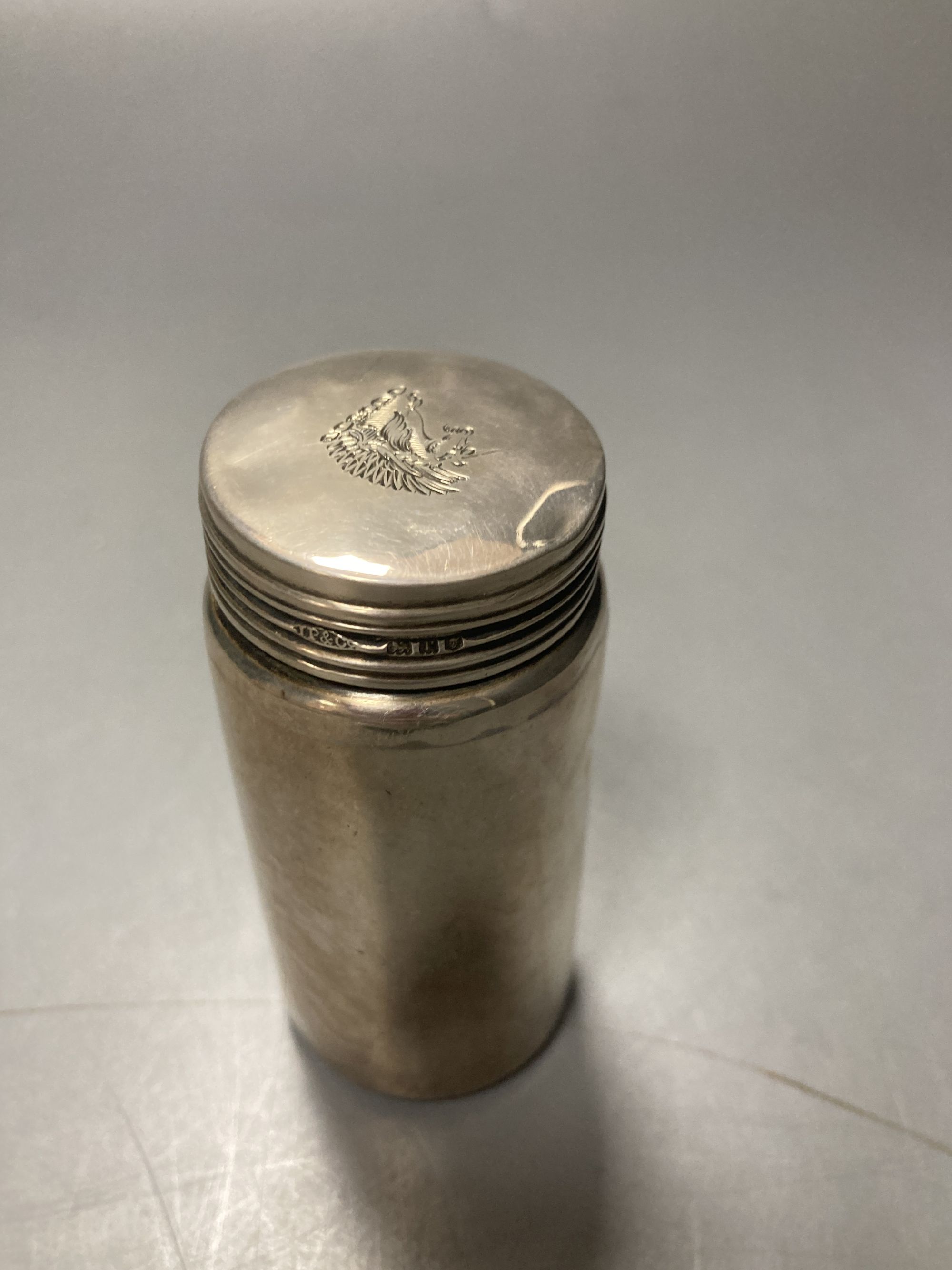 Three silver mounted travelling jars, two in a case, largest 17.1cm,